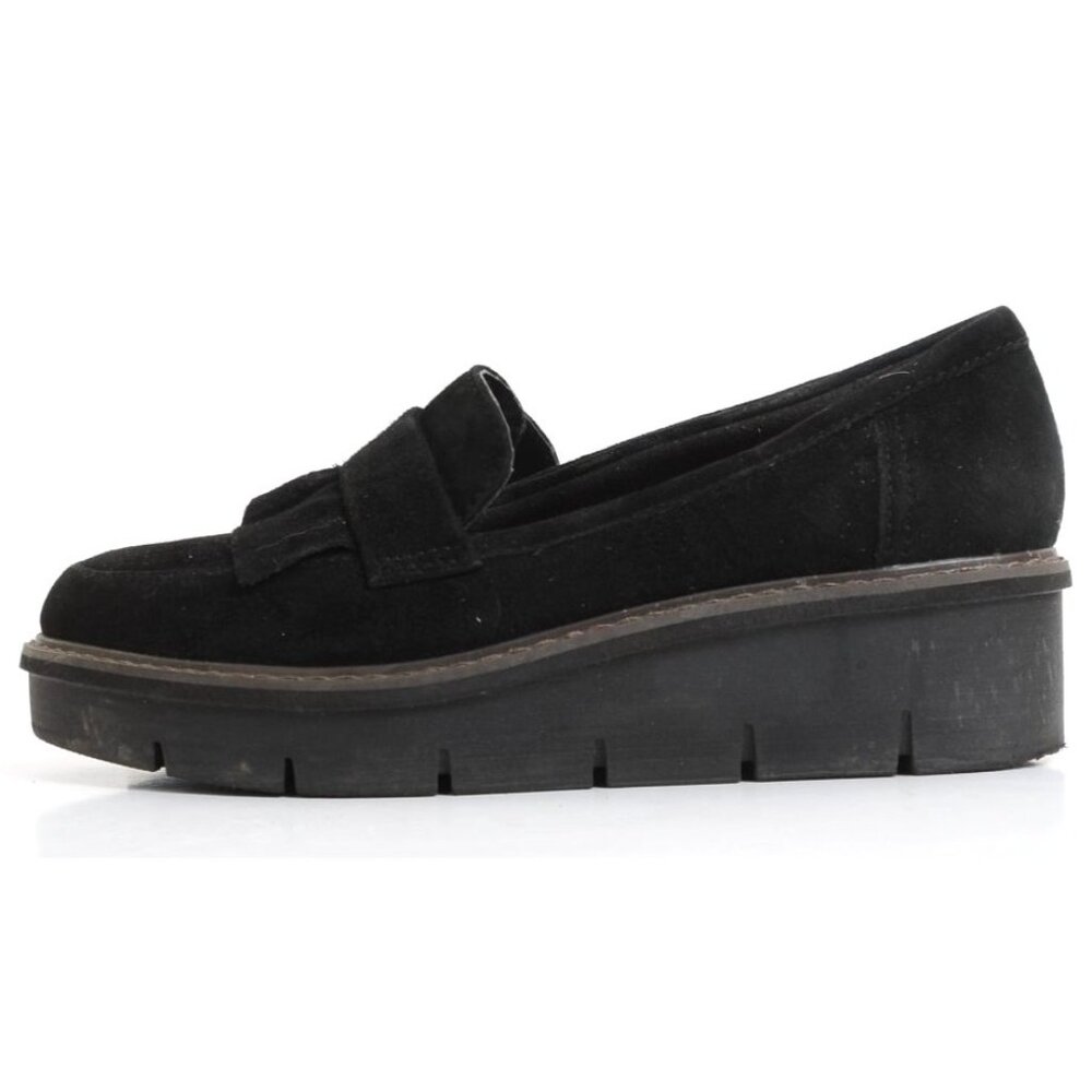 Clarks Women's 8 Airabell Slip On Tassle Loafer Black Suede Wedge Platform - Picture 6 of 10